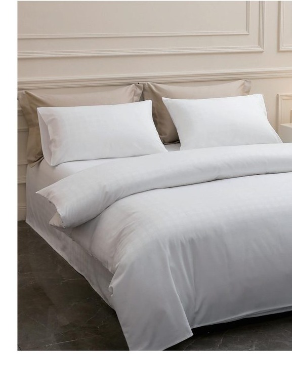 Satin check bed linens, white